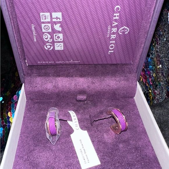 Charriol luxurious purple cable and gold stainless steel huggie earrings